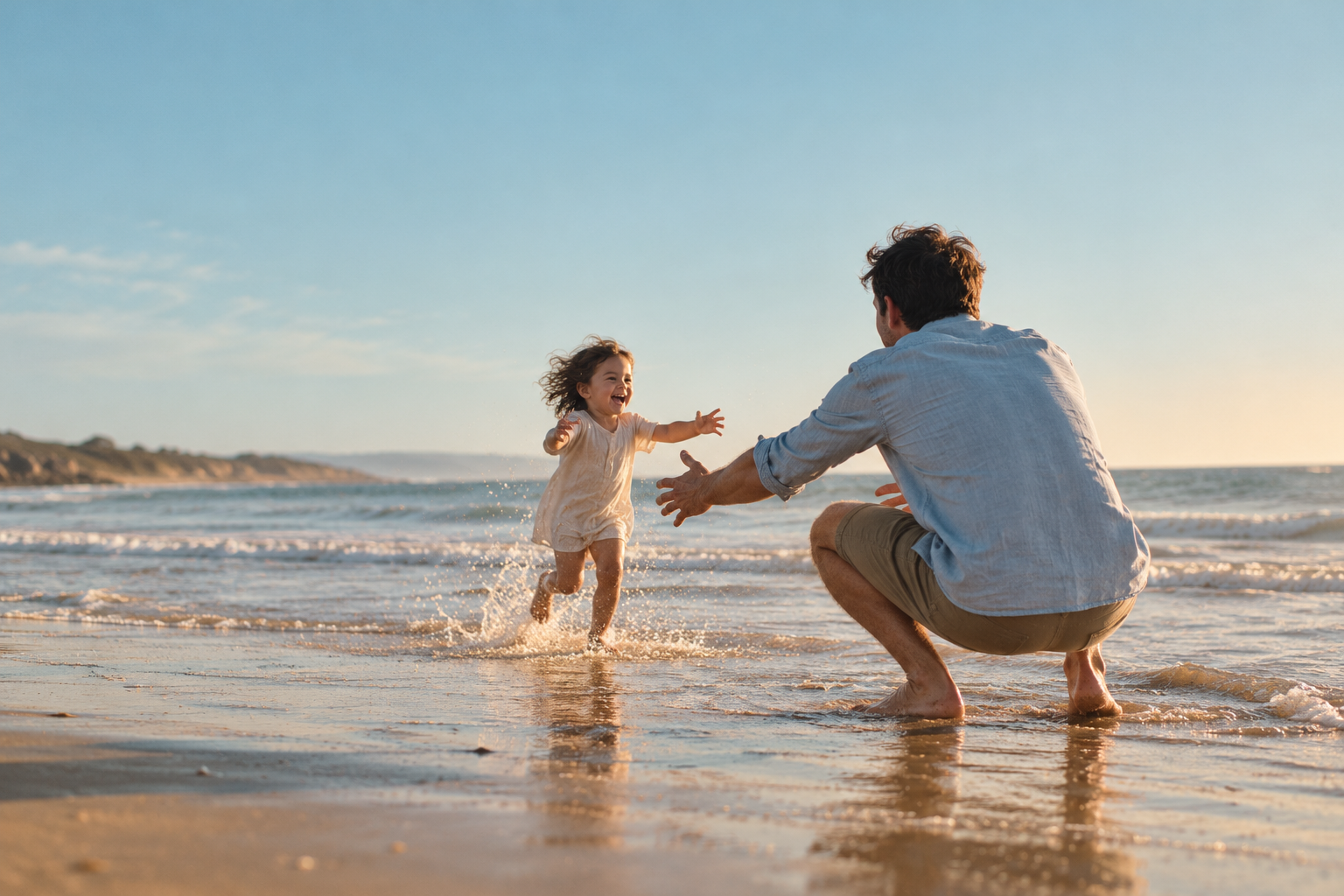 A child moving toward a parent’s open arms near the water