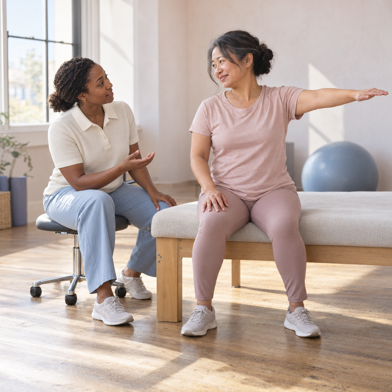 A movement professional and client sharing an engaged conversation during a gentle exercise session