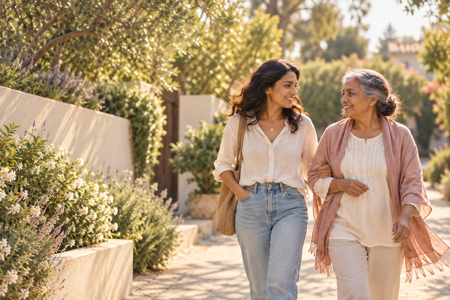 A mother and adult daughter sharing a conversation on a sunlit neighborhood walk