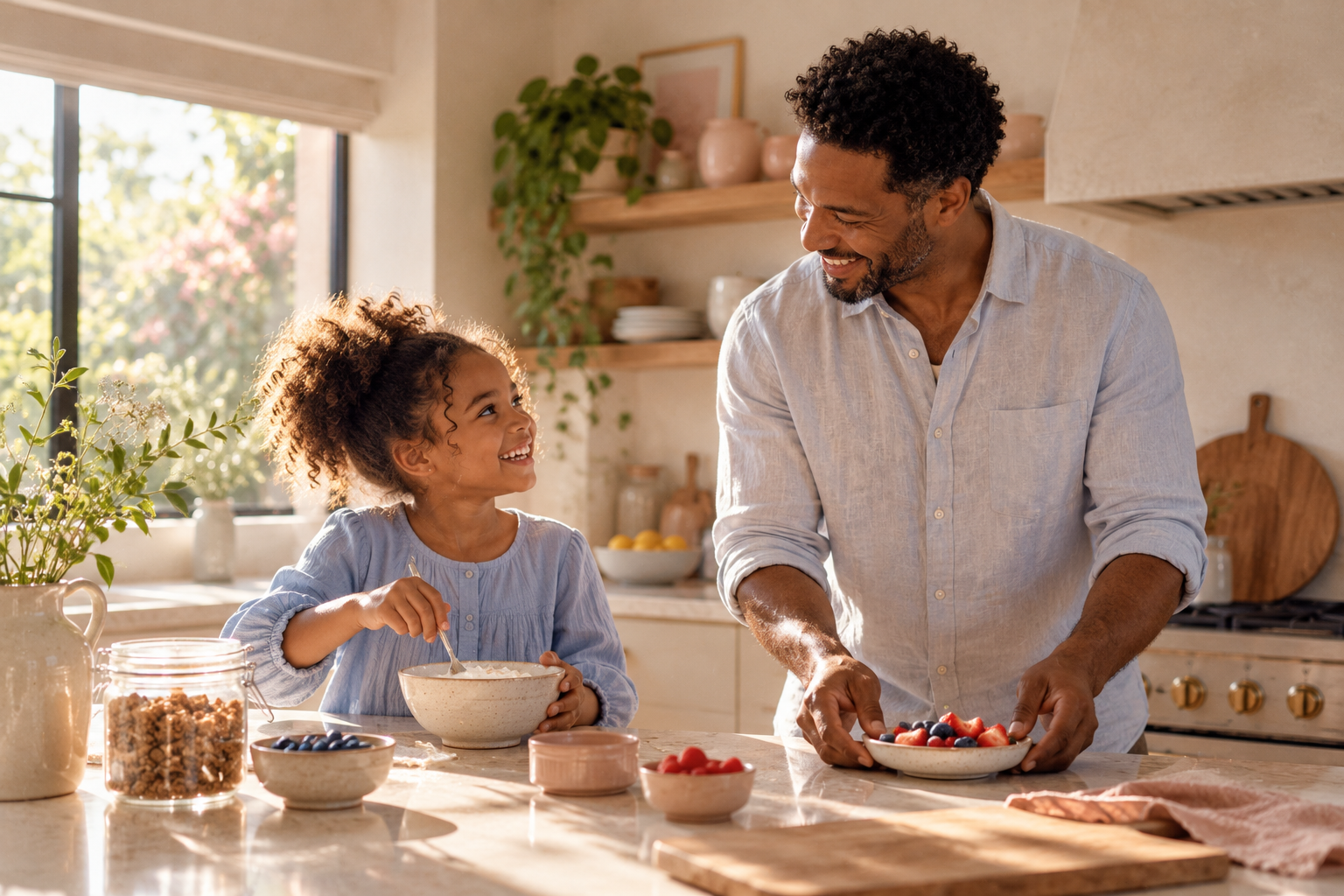 A father and daughter making breakfast together at home