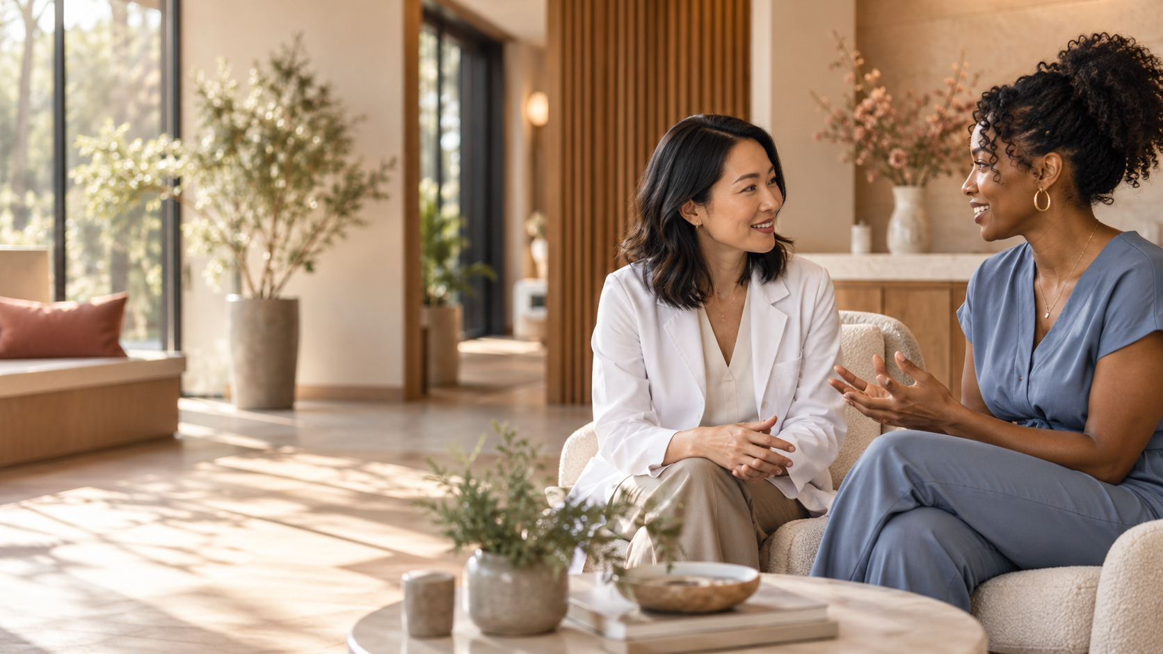 A physician and wellness professional sharing a thoughtful conversation